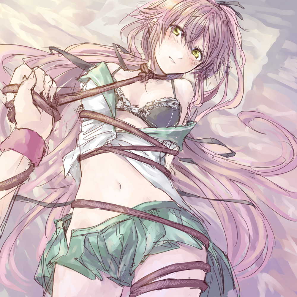 1girl, arms_behind_back, assisted_exposure, bdsm, black_ribbon, bondage, bound, bra, breasts, collarbone, commentary_request, green_eyes, green_skirt, hair_flaps, hair_ribbon, head_tilt, kantai_collection, long_hair, looking_at_viewer, masochism, medium_breasts, miniskirt, navel, open_clothes, pink_hair, pleated_skirt, restrained, ribbon, rope, school_uniform, serafuku, short_sleeves, skirt, underwear, very_long_hair, yellow_eyes, yukimochi_(yume), yura_(kancolle)
