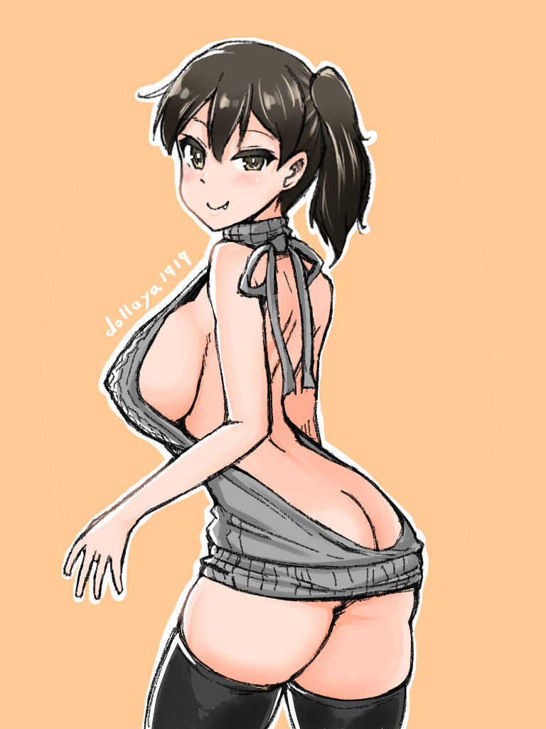 1girl, aran_sweater, backless_dress, backless_outfit, bare_arms, bare_back, bare_shoulders, breasts, butt_crack, cable_knit, drawstring, dress, fang, fangs, female_focus, grey_sweater, halterneck, kaga-ya_(kaga_z), kaga_(kancolle), kantai_collection, naked_sweater, orange_background, ribbed_sweater, sideboob, simple_background, sleeveless, sleeveless_turtleneck, solo, sweater, sweater_dress, turtleneck, turtleneck_sweater, virgin_killer_sweater