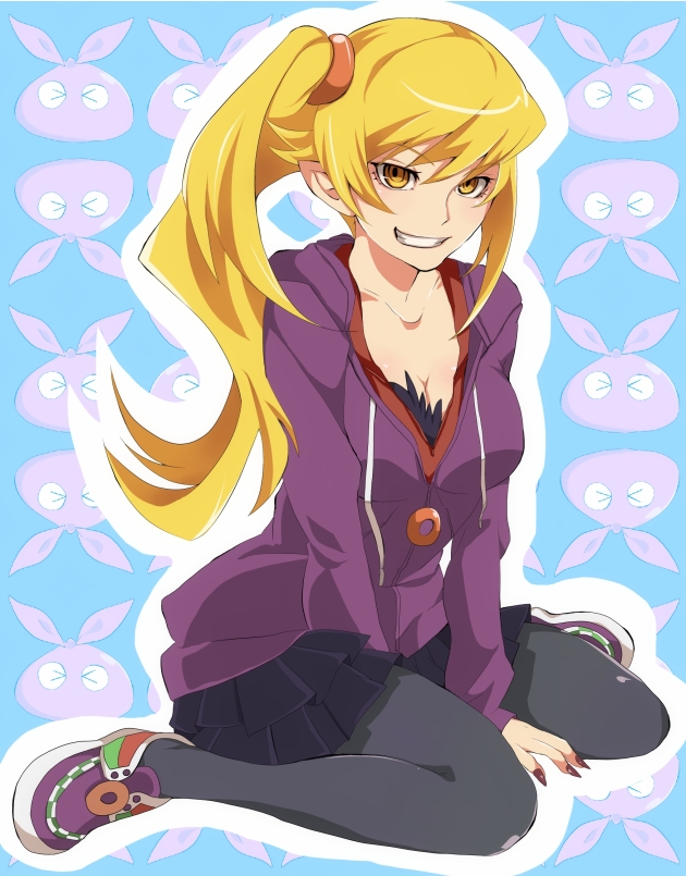 1girl, aged_up, black_pantyhose, female_focus, frilled_skirt, frills, hanako-0001, jacket, kiss-shot_acerola-orion_heart-under-blade, long_hair, monogatari_(series), oshino_shinobu, pantyhose, pointy_ears, sitting, skirt, solo, thighhighs, very_long_hair, yellow_eyes