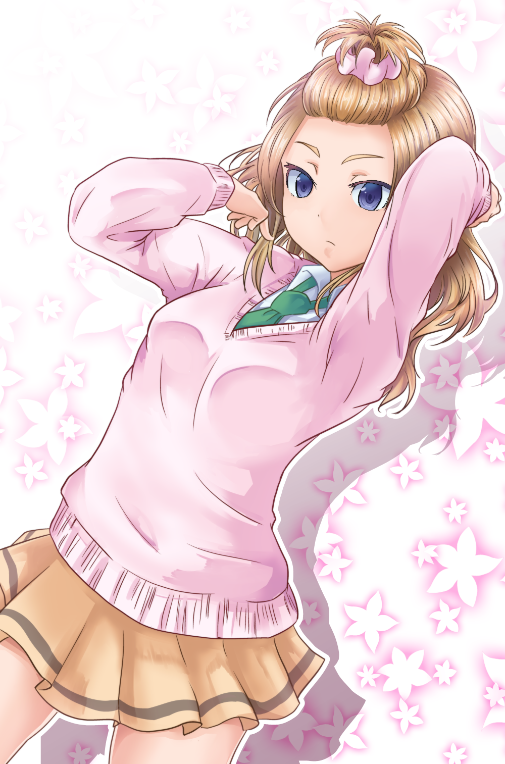 1girl, adjusting_hair, blonde_hair, cardigan, dutch_angle, female_focus, green_necktie, hand_in_own_hair, highres, kaigara_suupu, necktie, okada_akane, school_uniform, skirt, solo, topknot, watashi_ga_motenai_no_wa_dou_kangaetemo_omaera_ga_warui!