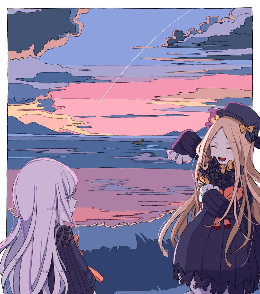 2girls, abigail_williams_(fate), abigail_williams_(first_ascension)_(fate), bad_id, bad_twitter_id, black_bow, black_dress, black_hat