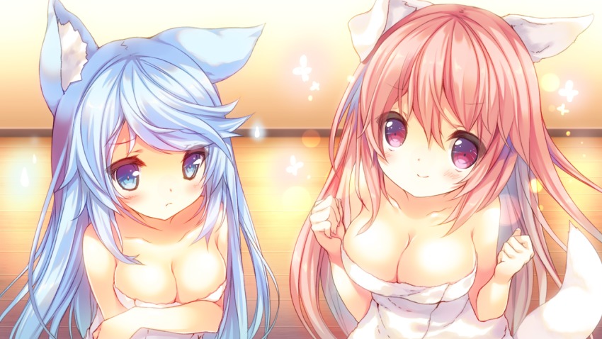 2girls, aisia_mayfield, animal_ear_fluff, animal_ears, blue_eyes, blue_hair, blush, breasts