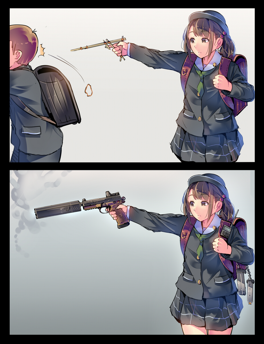 .45_acp, 1boy, 1girl, ammunition, backpack, bag, black_border, border, brown_hair, bullet, child, comic, daito, fnp-45, gun, handgun, handgun_cartridge, hat, highres, holding, magazine_(weapon), original, osprey_45, pistol, pistol_cartridge, polygonal_suppressor, randoseru, rubber_band_gun, suppressor, twintails, weapon