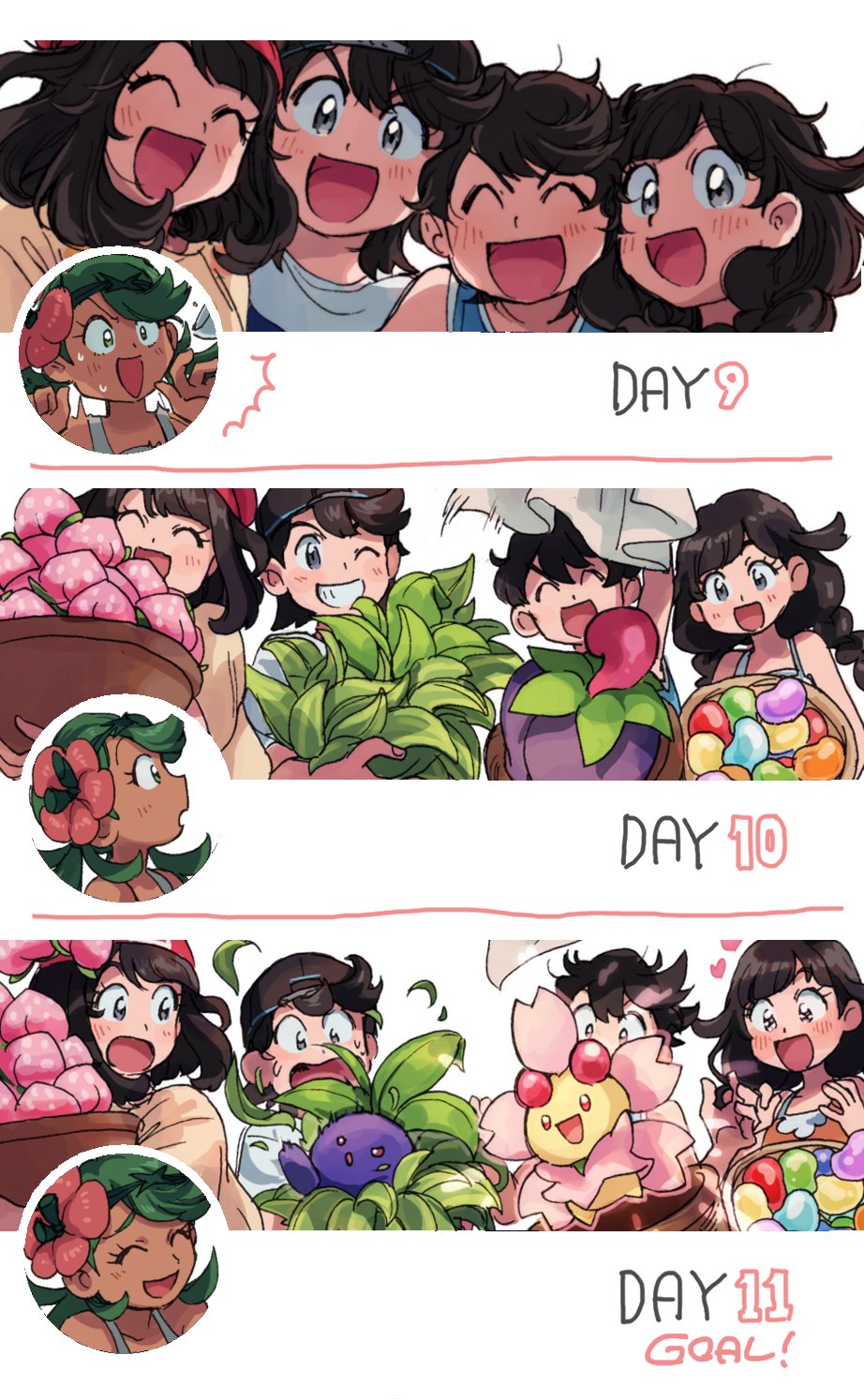 2boys, 3girls, backwards_hat, baseball_cap, basket, beanie, berry_(pokemon), black_hair