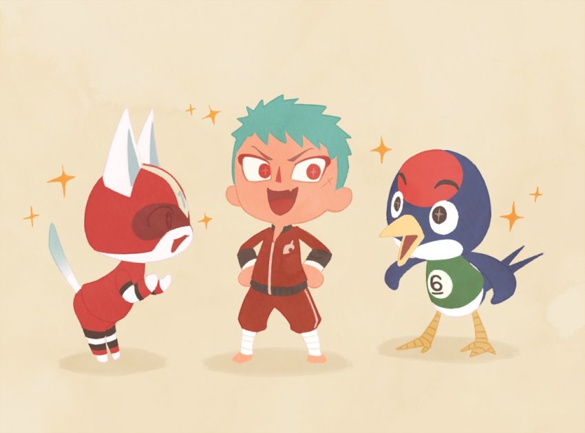 10s, 3boys, bird, blue_hair, cat, crossover, animal_crossing, fang