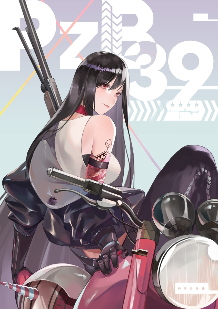 1girl, ankle_boots, anti-materiel_rifle, arm_support, arm_tattoo, biker_clothes, black_boots, black_hair