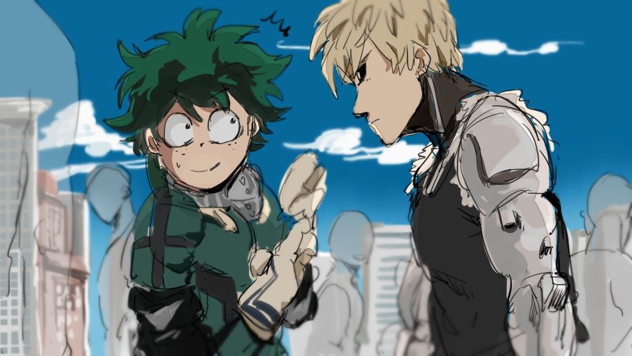 10s, 2boys, ^^^, black_sclera, blonde_hair, blue_sky, boku_no_hero_academia, colored_sclera, crossover, crowd, cyborg, day, freckles, genos, gloves, green_hair, imamuu_(imamoon), male_focus, midoriya_izuku, multiple_boys, one-punch_man, outdoors, sky
