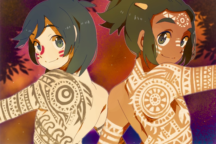 2boys, aoya_(ayoyame18), black_hair, dark-skinned_male, dark_skin, elio_(pokemon), green_eyes, green_hair, hau_(pokemon), male_focus, multiple_boys, nintendo, pokemon, pokemon_sun_and_moon, ponytail, short_hair, short_ponytail, smile, swept_bangs, tattoo, tribal, tribal_tattoo