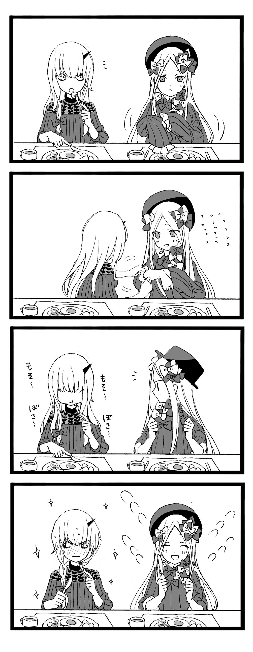 2girls, abigail_williams_(fate), abigail_williams_(first_ascension)_(fate), absurdres, alternate_hairstyle, bacon, bad_id, bad_twitter_id