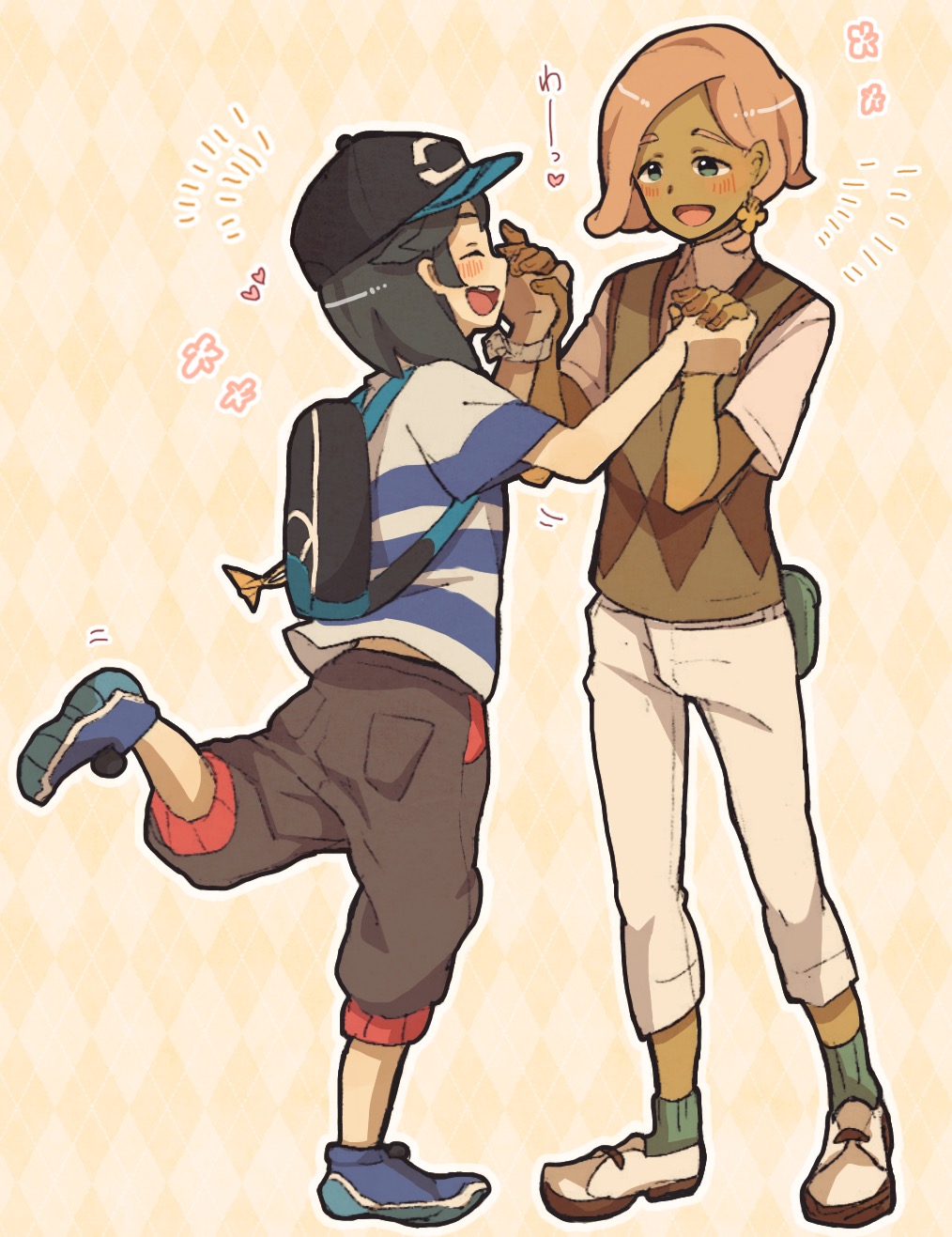 2boys, androgynous, aoya_(ayoyame18), backpack, bag, baseball_cap, black_hair, black_hat