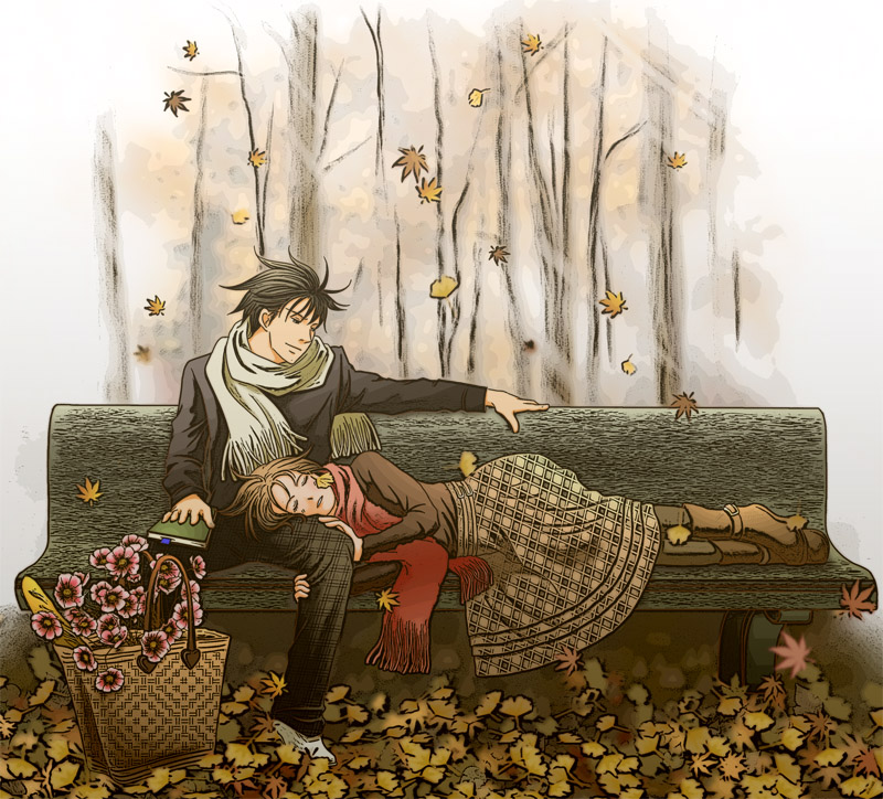 1boy, 1girl, autumn_leaves, bench, book, brown_footwear, brown_hair, brown_legwear