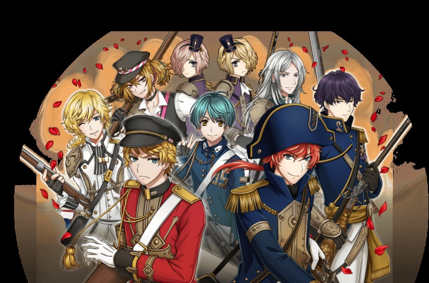 6+boys, aiguillette, aleksandr_(senjuushi), alpha_transparency, antique_firearm, aqua_eyes, aqua_hair, armlet, armor, ascot, belt, bicorne, bishounen, black_gloves, blonde_hair, blue_eyes, brothers, brown_bess_(senjuushi), buttons, charleville_(senjuushi), choker, epaulettes, fingerless_gloves, firearm, firelock, flintlock, frown, gloves, gold_trim, grey_eyes, gun, hair_between_eyes, hair_over_one_eye, handgun, hat, high_collar, holding, holding_gun, holding_weapon, jewelry, kentucky_(senjuushi), kinoshita_sakura, long_hair, looking_at_viewer, male_focus, military, military_hat, military_uniform, multiple_boys, musket, napoleon_(senjuushi), nicola_(senjuushi), noel_(senjuushi), official_art, one_eye_closed, over_shoulder, peaked_cap, petals, pink_eyes, ponytail, purple_eyes, purple_hair, rapp_(senjuushi), red_eyes, red_hair, rifle, sam_browne_belt, senjuushi:_the_thousand_noble_musketeers, senjuushi_(series), short_hair, short_twintails, shotgun, shoulder_armor, siblings, silver_hair, smile, springfield_(senjuushi), tareme, tassel, transparent_background, tsurime, twins, twintails, very_short_hair, weapon, weapon_over_shoulder, white_gloves, yellow_eyes