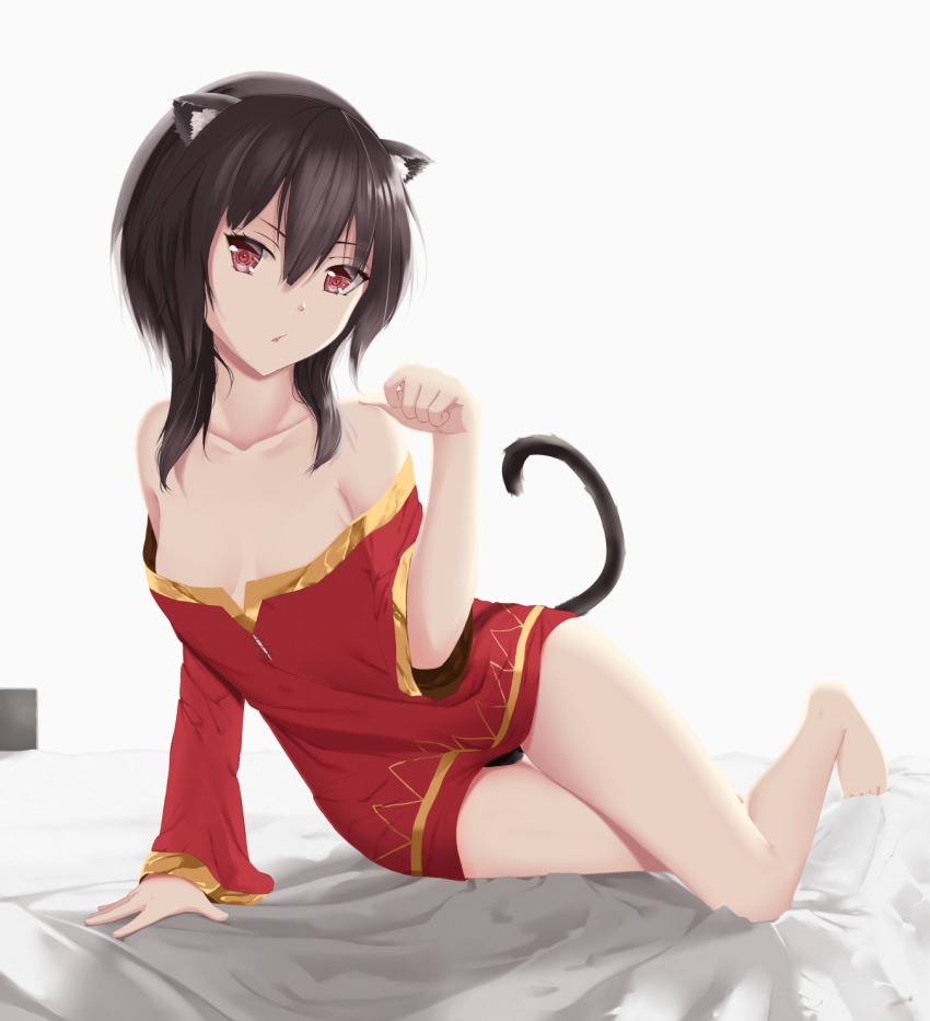 animal_ears, arm_up, bare_shoulders, bed, breasts, brown_hair, cat_ears, collarbone