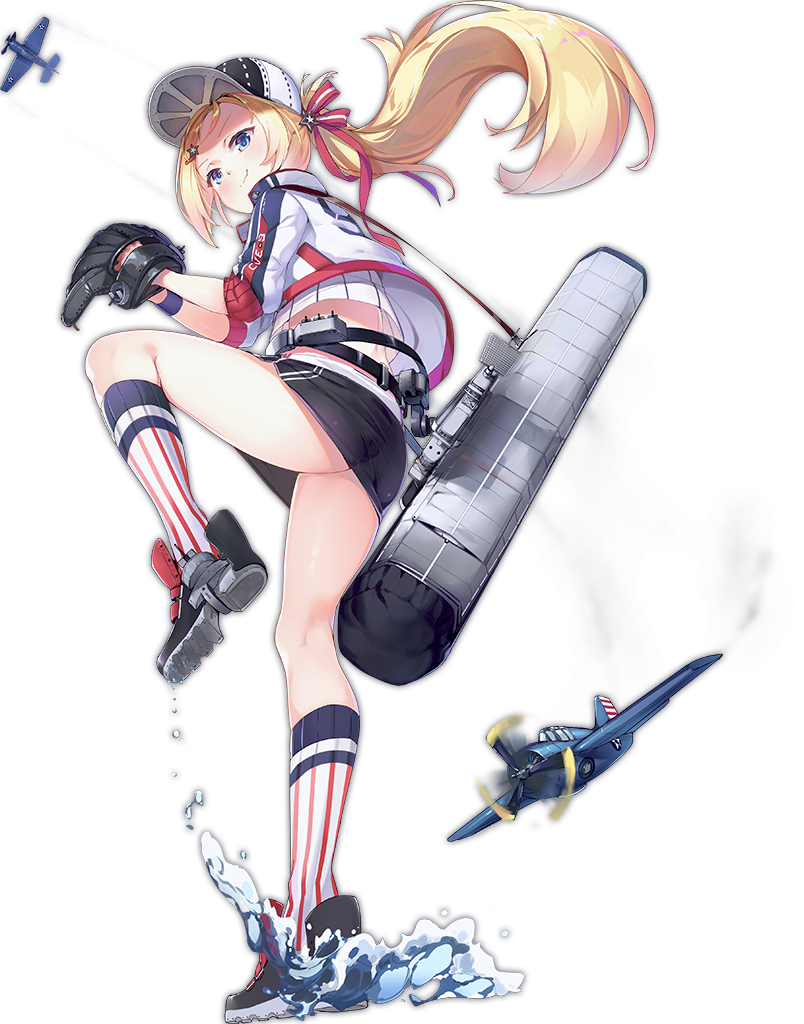 1girl, aircraft, airplane, ass, azur_lane, bag, baseball, baseball_cap, baseball_glove, belt, black_belt, black_shoes, black_skirt, blonde_hair, blue_eyes, blush, bogue_(azur_lane), bogue_(retrofit)_(azur_lane), closed_mouth, clothes_writing, crop_top, cropped_jacket, double_vertical_stripe, duffel_bag, eyebrows, eyelashes, female_focus, forehead, from_below, full_body, hair_ribbon, hat, jacket, kaede_(yumesaki_kaede), kneehighs, long_hair, microskirt, multicolored_hat, multicolored_jacket, multicolored_legwear, official_art, open_clothes, open_jacket, pitching, ponytail, red_ribbon, remodel_(azur_lane), ribbon, shirt, shoes, short_sleeves, skirt, smile, socks, solo, strap, tight_clothes, transparent_background, tsurime, water, wristband
