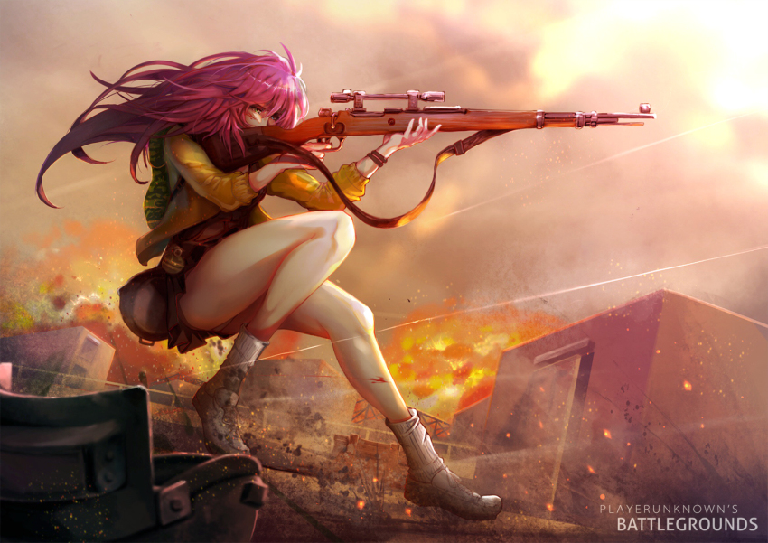1girl, artistic_error, black_skirt, blood, blood_on_face, blue_eyes, bolt_action, building, cloud, cloudy_sky, commentary, copyright_name, cuts, dutch_angle, english_text, explosion, fire, frying_pan, full_body, gun, hair_between_eyes, helmet, holding, holding_gun, holding_weapon, injury, jacket, long_hair, mauser_98, open_clothes, open_jacket, outdoors, panties, pantyshot, pink_hair, playerunknown's_battlegrounds, pleated_skirt, profile, rifle, scope, skirt, sky, socks, underwear, unworn_headwear, unworn_helmet, weapon, white_footwear, white_legwear, yan_mei, yellow_jacket