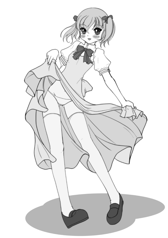 1girl, bow, clothes_lift, cosplay, dress, dress_lift, female_focus, greyscale