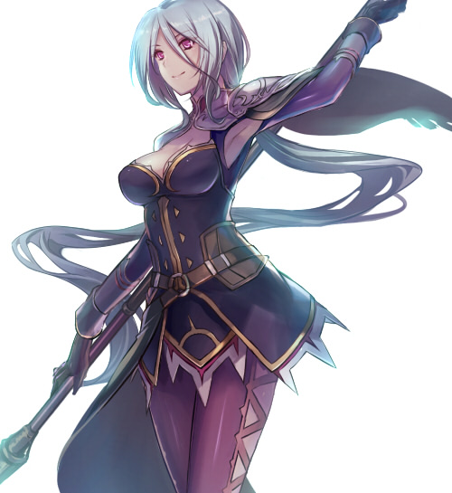 1girl, armpit_cutout, armpits, bad_id, bad_pixiv_id, belt, breasts, cleavage, clothing_cutout, dress, falcom, female_focus, frieda_(ys), gloves, hair_between_eyes, halberd, long_hair, medium_breasts, military, military_uniform, pantyhose, pink_eyes, polearm, purple_dress, purple_pantyhose, silver_hair, simple_background, smile, solo, uuta_(uturautouto), weapon, white_background, ys, ys:_memories_of_celceta