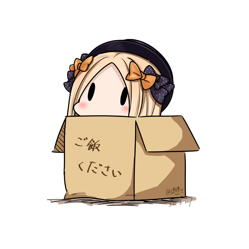 1girl, abigail_williams_(fate), abigail_williams_(first_ascension)_(fate), black_bow, blonde_hair, bow, box, cardboard_box