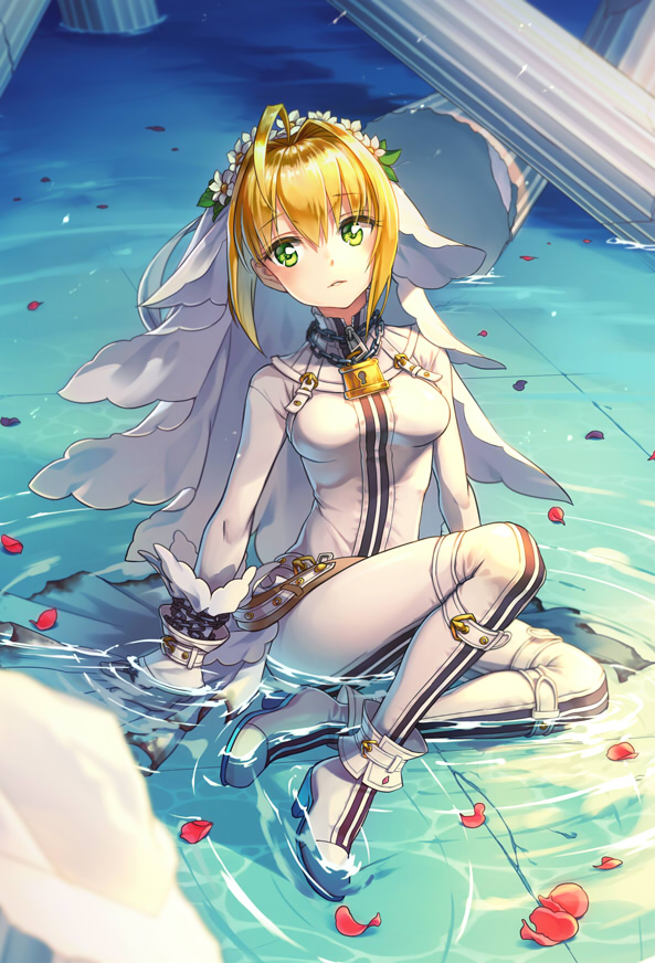 10s, 1girl, belt, bodysuit, bridal_veil, burnt_clothes, column, fate/extra, fate/extra_ccc, fate_(series), female_focus, full-length_zipper, gloves, hair_intakes, head_wreath, lock, looking_to_the_side, loose_belt, nero_claudius_(bride)_(fate), nero_claudius_(fate), padlock, parted_lips, petals, pillar, ruins, showgirl_skirt, sitting, solo, tajuu_jinkakuno_kaze, veil, water, white_bodysuit, white_gloves, zipper, zipper_pull_tab