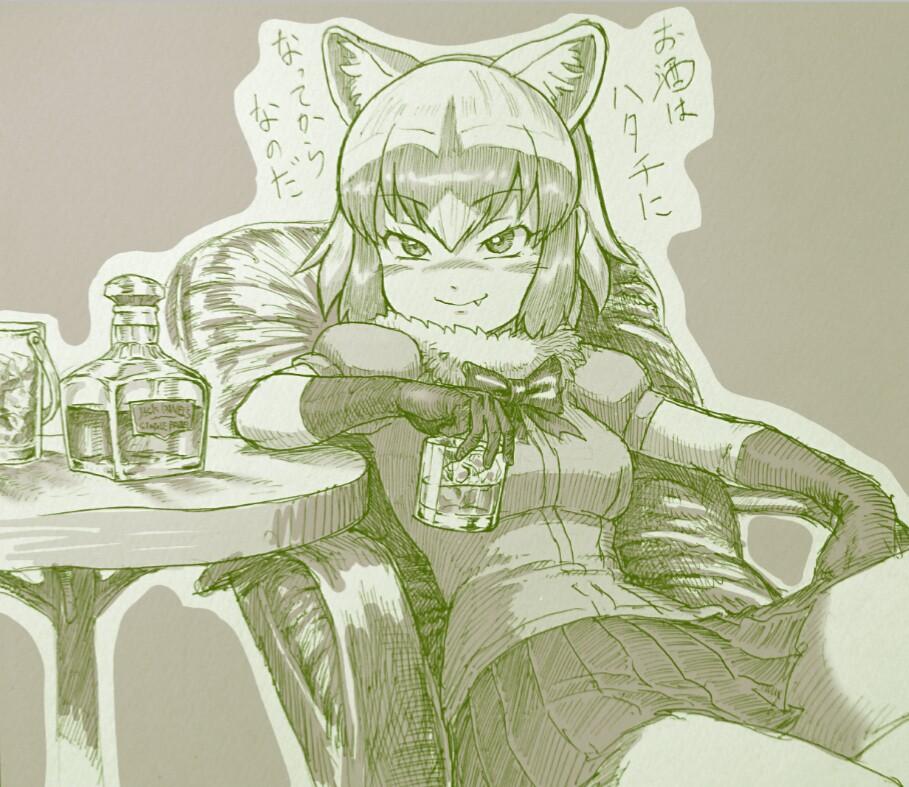 10s, 1girl, alcohol, animal_ears, bow, bowtie, chair, common_raccoon_(kemono_friends), cup, cushion, drinking_glass, fang, fur_collar, gloves, kemono_friends, kouson_q, monochrome, raccoon_ears, skirt, smirk, table, translation_request, whiskey