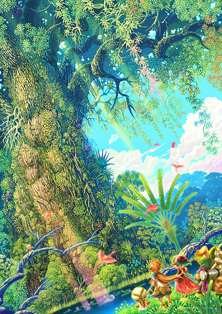1boy, 1girl, bird, children_of_mana, colorful, copyright_name, crane_(animal), dutch_angle