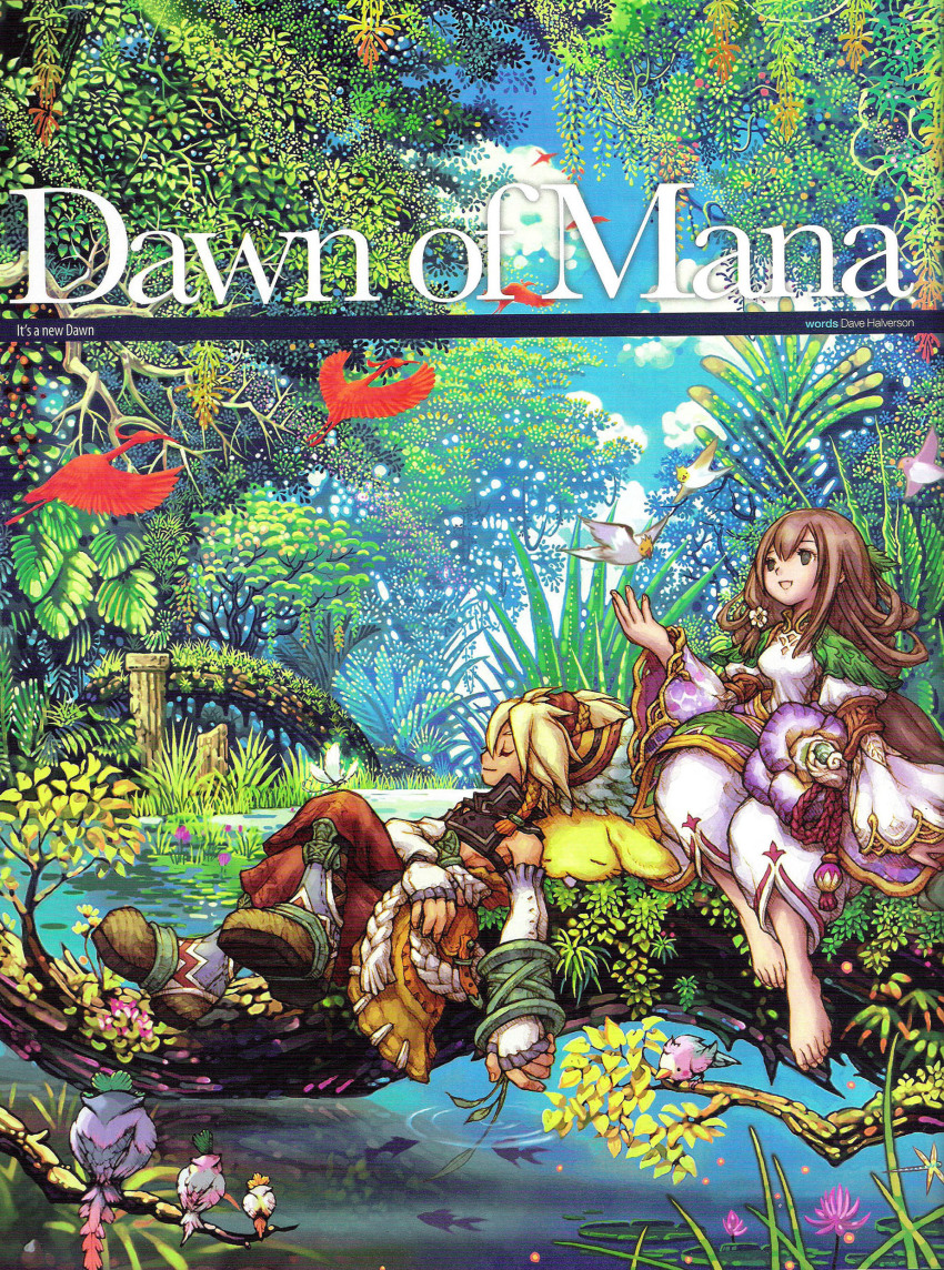 1boy, 1girl, absurdres, bird, branch, crane_(bird), dawn_of_mana, flower, forest, highres, keldric, nature, official_art, pond, ritzia, ruins, seiken_densetsu, seiken_densetsu_4, square_enix, tree, water