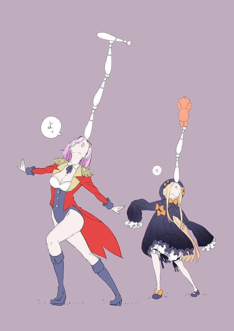2girls, :o, abigail_williams_(fate), abigail_williams_(first_ascension)_(fate), balancing, balancing_on_nose, black_bow, black_dress