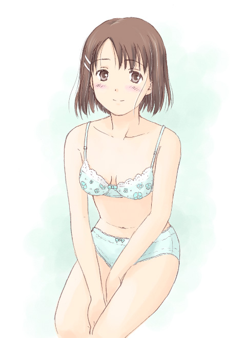 00s, 1girl, blue_bra, blue_panties, blush, bra, brown_eyes, brown_hair