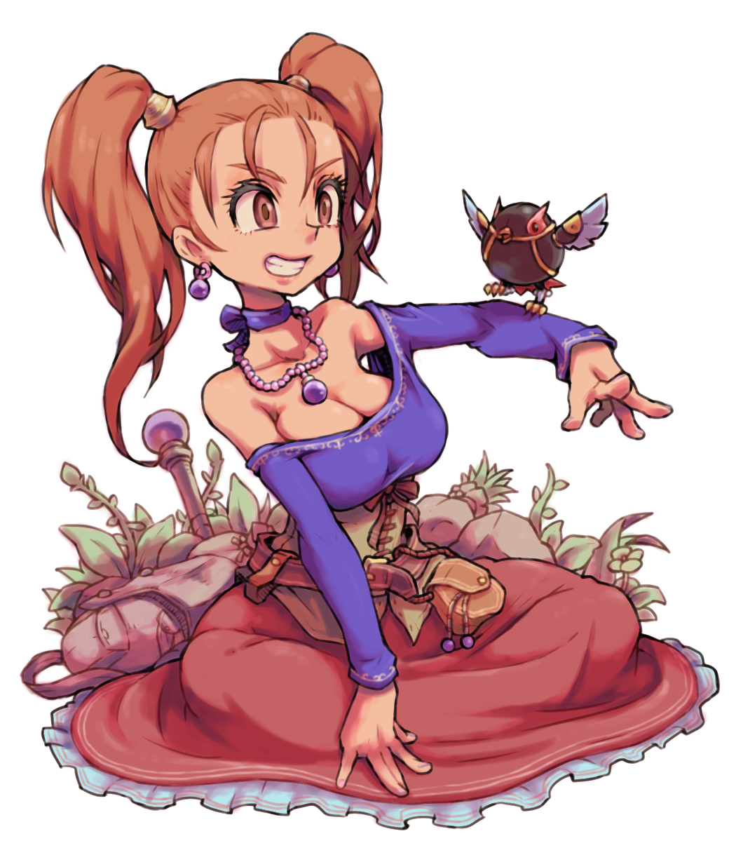 1girl, bare_shoulders, bird, breasts, brown_eyes, brown_hair, cleavage, corset, dragon_quest, dragon_quest_viii, dress, earrings, highres, jessica_albert, jewelry, large_breasts, long_hair, off_shoulder, purple_shirt, red_hair, shirt, strapless, strapless_dress, toyaken21, twintails