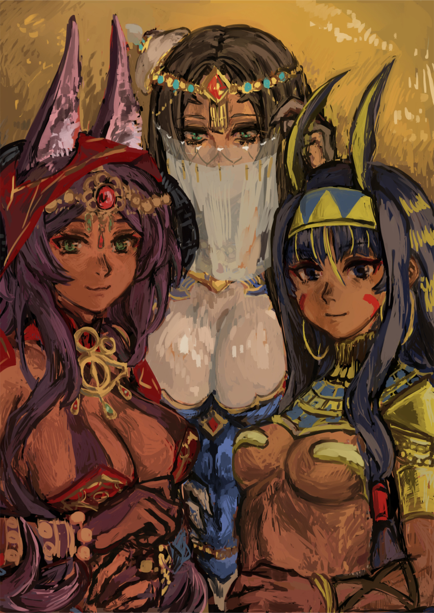 38legio, 3girls, ancient_egyptian, ancient_egyptian_clothes, animal_ears, aqua_eyes, black_hair, bracelet, breasts, cleavage, dark-skinned_female, dark_skin, earrings, facepaint, facial_mark, fate/grand_order, fate_(series), forehead_jewel, gem, green_eyes, hairband, hat, highres, hoop_earrings, horns, jackal_ears, jewelry, large_breasts, long_hair, looking_at_viewer, low-tied_long_hair, mouth_veil, multiple_girls, nitocris_(fate), purple_eyes, purple_hair, queen_of_sheba_(fate), scheherazade_(fate), scheherazade_(first_ascension)_(fate), smile, tan, veil, very_long_hair