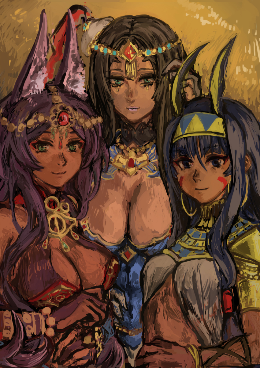 38legio, 3girls, ancient_egyptian, ancient_egyptian_clothes, animal_ears, aqua_eyes, black_hair, bracelet, breasts, cleavage, dark-skinned_female, dark_skin, earrings, facepaint, facial_mark, fate/grand_order, fate_(series), forehead_jewel, gem, green_eyes, hairband, hat, highres, hoop_earrings, jackal_ears, jewelry, large_breasts, long_hair, looking_at_viewer, low-tied_long_hair, multiple_girls, nitocris_(fate), purple_eyes, purple_hair, queen_of_sheba_(fate), scheherazade_(fate), smile, tan, very_long_hair