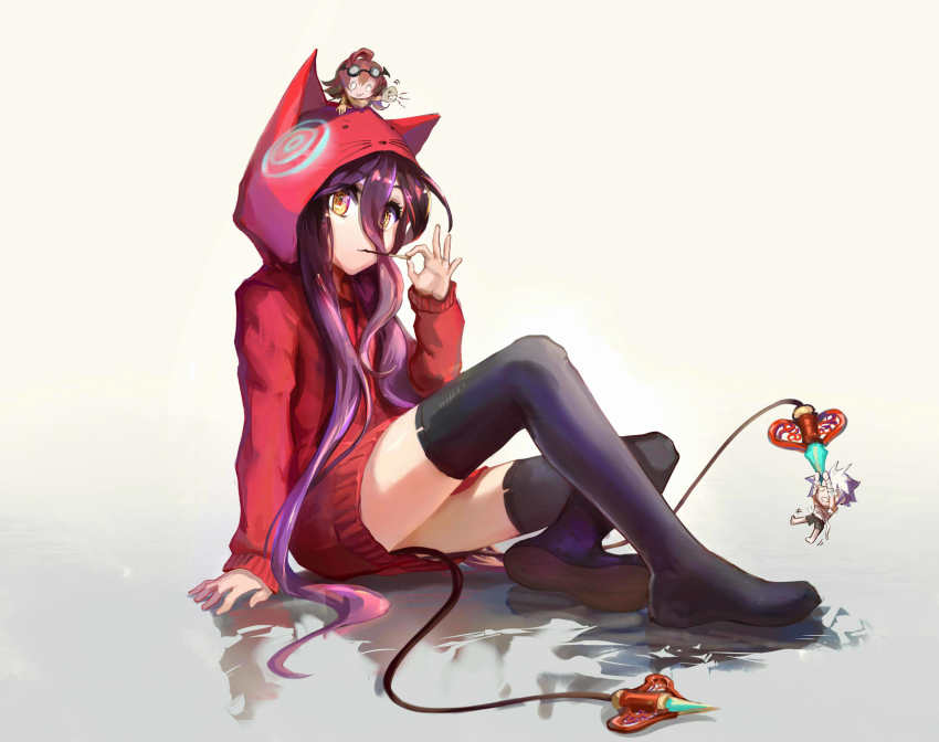 1girl, absurdres, animal_hood, arm_support, black_boots, boots, cat_hood, dress, female_focus, full_body, gradient_background, grey_background, hair_between_eyes, highres, hood, hooded, long_hair, no_game_no_life, purple_hair, red_sweater, schwi_(no_game_no_life), shuvi_dora, sishenfan, sitting, solo, sweater, sweater_dress, thigh_boots, thighhighs, very_long_hair, yellow_eyes