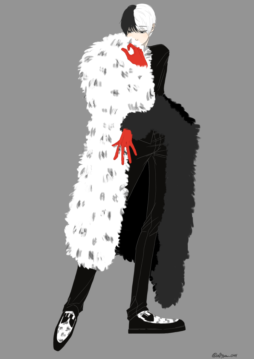 101_dalmatians, 1boy, absurdres, adapted_costume, coat, cosplay, covered_mouth, cruella_de_vil