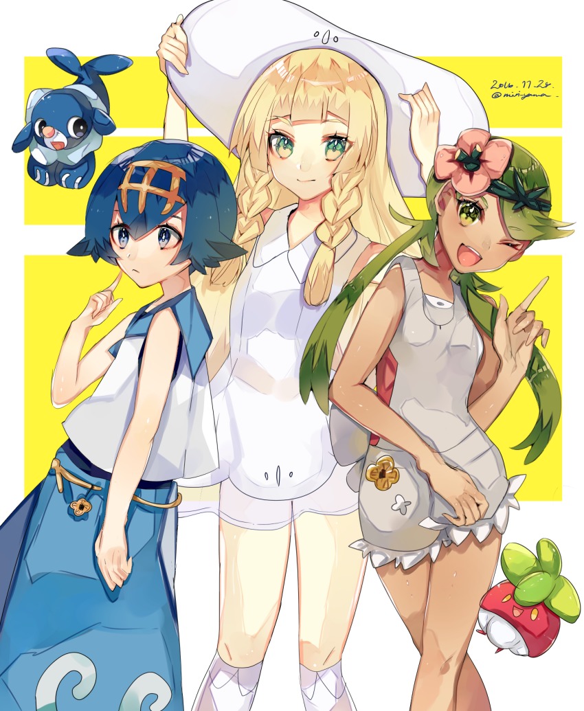 3girls, blonde_hair, blue_eyes, blue_hair, bounsweet, braid, dark-skinned_female, dark_skin, dress, flower, gen_7_pokemon, green_eyes, green_hair, hair_flower, hair_ornament, hairband, hands_on_headwear, hat, highres, lana_(pokemon), lillie_(pokemon), long_hair, mallow_(pokemon), miri_yama, multiple_girls, nintendo, one_eye_closed, open_mouth, overalls, pokemon, pokemon_(creature), pokemon_sun_and_moon, popplio, see-through_clothes, shirt, short_hair, sleeveless, sleeveless_dress, sleeveless_shirt, sun_hat, twin_braids, twintails, white_dress, white_hat, white_shirt