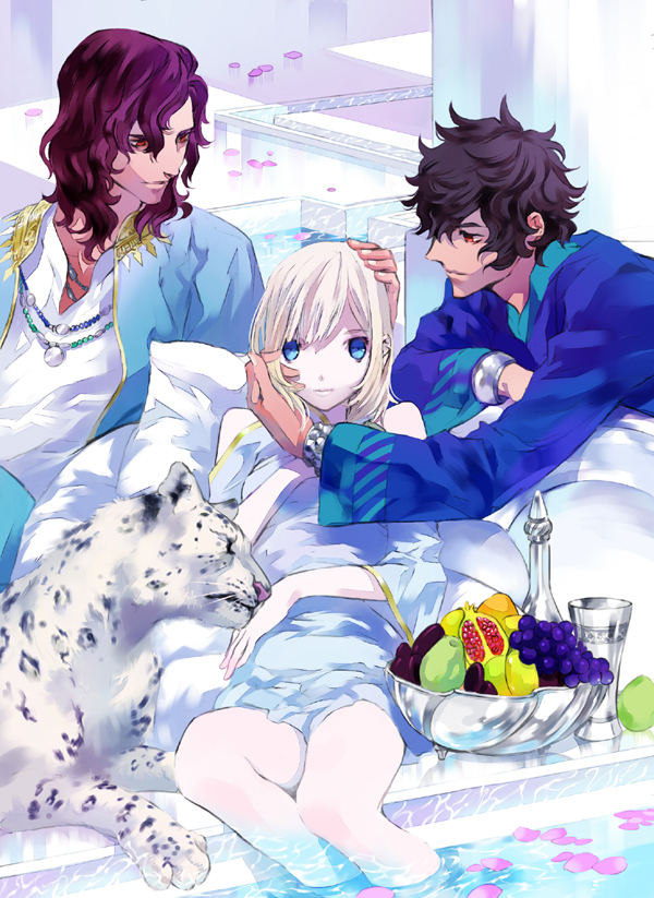 00s, 1girl, 2boys, ashihara_chihiro, ashvin, asvin, bare_shoulders, blonde_hair, cherry_blossoms, food, fruit, fruit_bowl, grapes, harukanaru_toki_no_naka_de, harukanaru_toki_no_naka_de_4, lying, mango, multiple_boys, naoe_marimo, on_back, pear, pillar, pillow, pomegranate, pool, red_eyes, short_hair, snow_leopard