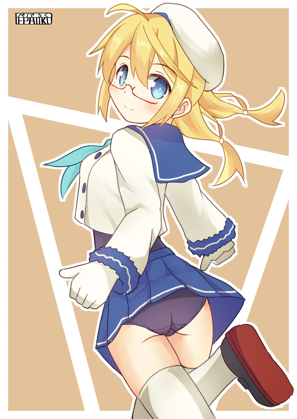 1girl, alternate_costume, artist_name, ass, back, blonde_hair, blue_eyes, blue_neckwear