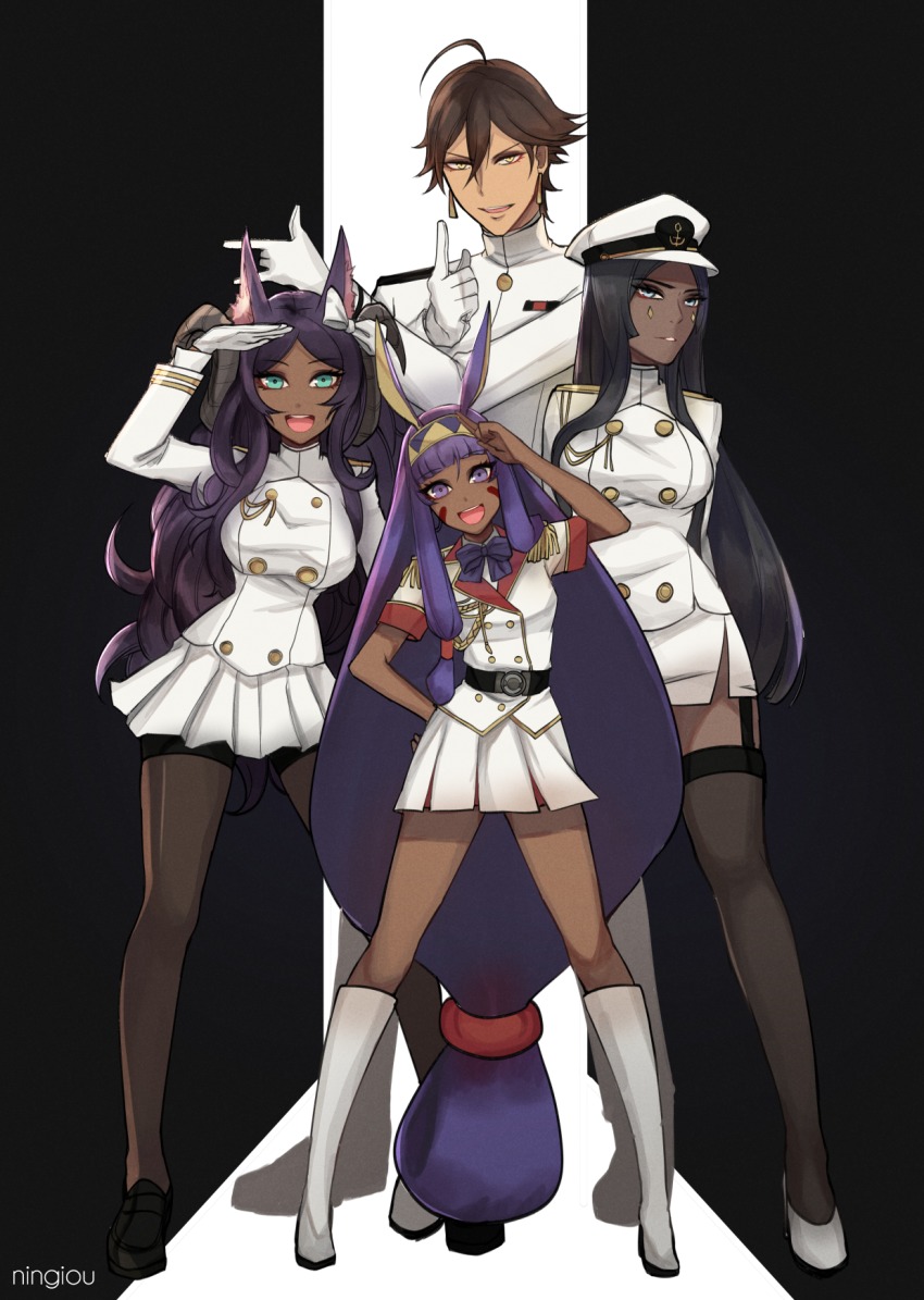 1boy, 3girls, :d, absurdly_long_hair, animal_ears, aqua_eyes, arms_behind_back, bad_id, bad_pixiv_id, belt, black_hair, black_legwear, blue_eyes, blunt_bangs, breasts, brown_hair, buttons, dark-skinned_female, dark-skinned_male, dark_skin, double-breasted, earrings, epaulettes, fate/grand_order, fate/prototype, fate/prototype:_fragments_of_blue_and_silver, fate_(series), garter_straps, gloves, grin, hairband, hand_on_own_hip, hat, highres, horns, jackal_ears, jewelry, kyou_(iuciferic), loafers, long_hair, looking_at_viewer, low-tied_long_hair, military, military_hat, military_uniform, miniskirt, multiple_girls, nitocris_(fate), nitocris_(formal_dress)_(fate), open_mouth, ozymandias_(fate), pantyhose, pleated_skirt, purple_eyes, purple_hair, queen_of_sheba_(fate), salute, scheherazade_(fate), shoes, skirt, smile, teeth, thighhighs, very_long_hair, white_gloves, yellow_eyes