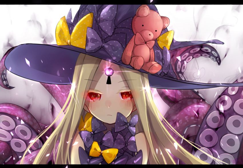 1girl, abigail_williams_(fate), abigail_williams_(second_ascension)_(fate), bare_shoulders, blush, bow, closed_mouth, commentary_request, fate/grand_order, fate_(series), female_focus, glowing, hat, keyhole, long_hair, looking_at_viewer, parted_bangs, polka_dot, polka_dot_bow, purple_bow, purple_hat, red_eyes, ruto_(rutodesu), solo, stuffed_animal, stuffed_toy, suction_cups, teddy_bear, tentacles, witch_hat, yellow_bow