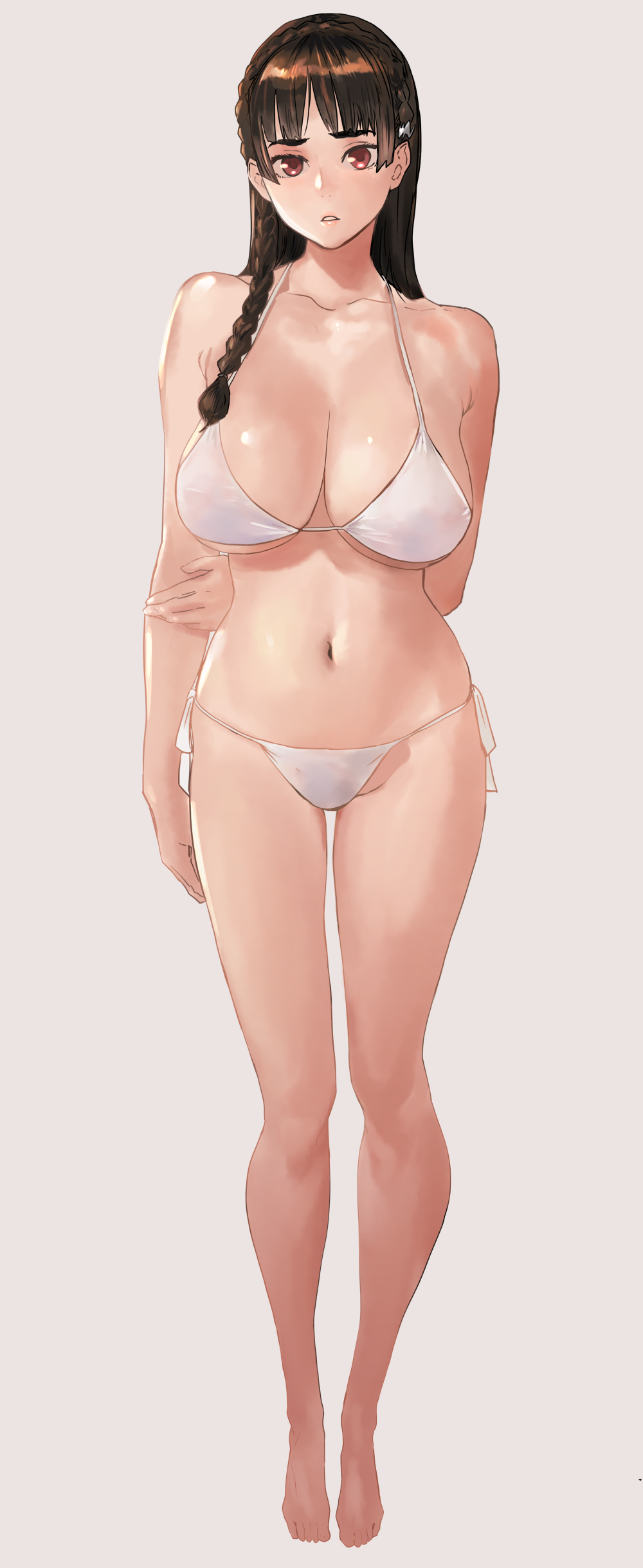1girl, absurdres, arm_behind_back, bare_legs, barefoot, bikini, black_hair, blunt_bangs, braid, breasts, brown_eyes, brown_hair, cleavage, crown_braid, female_focus, full_body, grey_background, highres, large_breasts, long_hair, navel, nekoi_mie, original, parted_lips, red_eyes, side-tie_bikini_bottom, side_braid, simple_background, solo, standing, string_bikini, swimsuit, thick_eyebrows, thighs, white_bikini