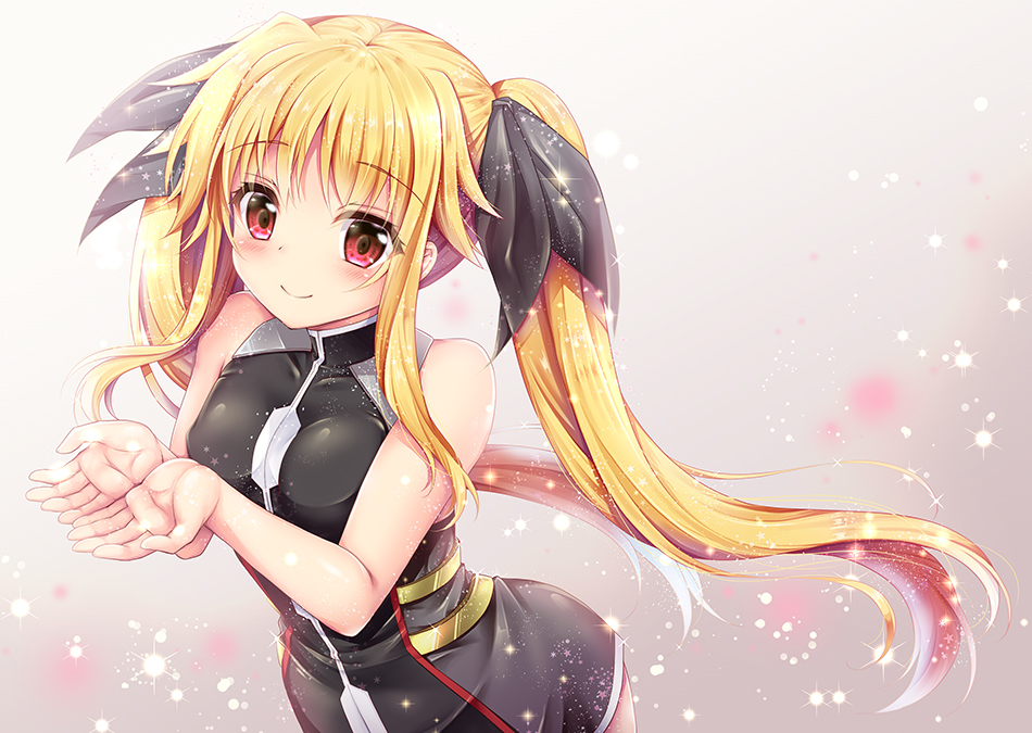 1girl, bare_arms, bare_shoulders, black_dress, black_ribbon, blonde_hair, blush, breasts, closed_mouth, commentary_request, dress, fate_testarossa, fate_testarossa_(blaze_form_ii), female_focus, geko, hair_ribbon, hands_up, long_hair, looking_at_viewer, lyrical_nanoha, mahou_shoujo_lyrical_nanoha, own_hands_together, red_eyes, ribbon, sidelocks, sleeveless, sleeveless_dress, small_breasts, smile, solo, triangle_heart, twintails, very_long_hair