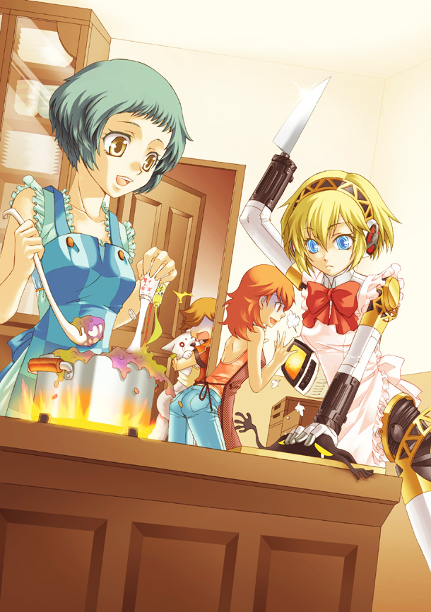 2boys, 3girls, aigis_(persona), amada_ken, apron, atlus, bad_food, blonde_hair