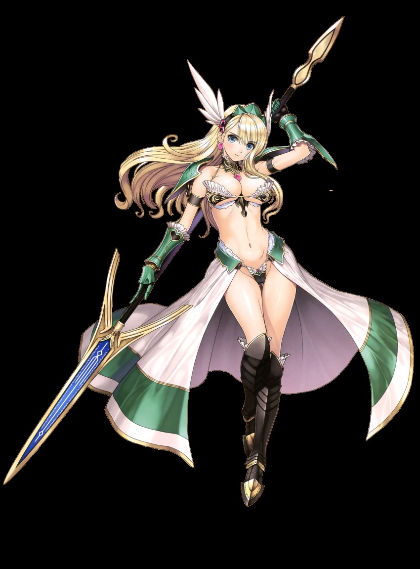 1girl, absurdres, arm_strap, arm_up, armor, armored_boots, bare_shoulders, bikini