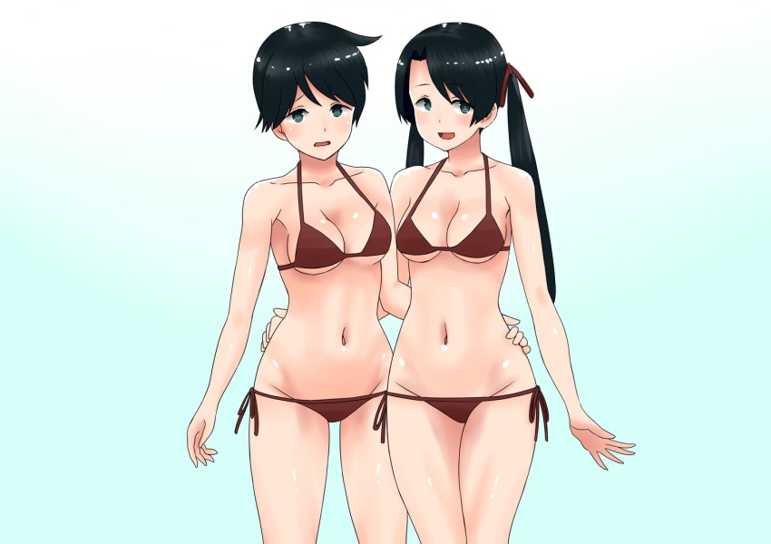 2girls, 30-06, alternate_breast_size, bad_id, bad_pixiv_id, bikini, breasts, brown_bikini