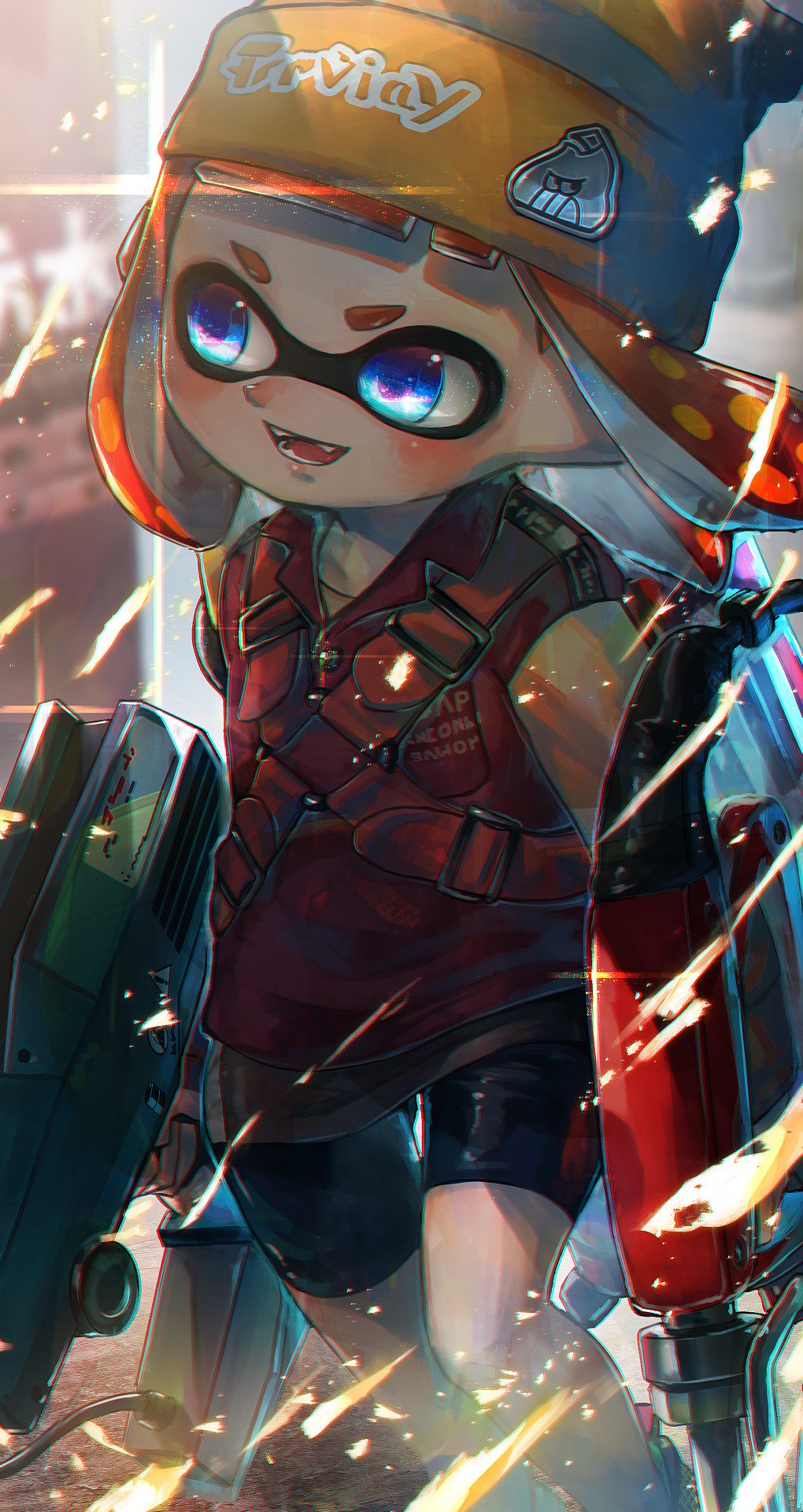 1girl, :d, bad_id, bad_twitter_id, beanie, bike_shorts, black_shorts, blue_eyes