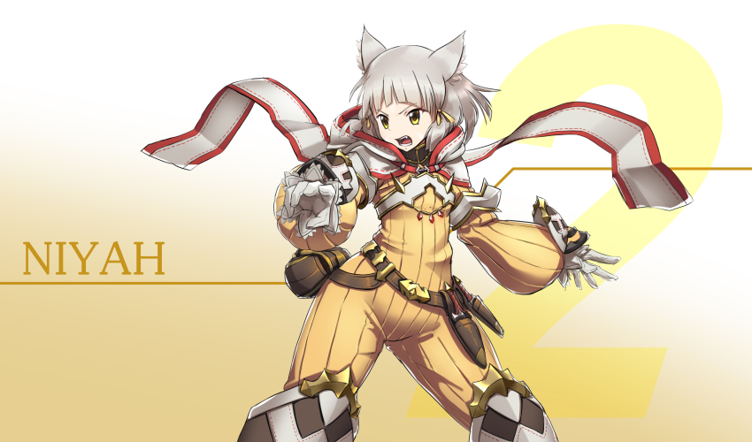 1girl, absurdres, animal_ears, belt, blunt_bangs, bodysuit, breasts, brown_belt, cat_ears, character_name, cowboy_shot, dagger, diamond_(shape), eyebrows, fang, felice_qaddaf, female_focus, gem, gradient_background, hair_ribbon, highres, hood, hood_down, knife, legs_apart, long_sleeves, multicolored_background, nia_(xenoblade), nintendo, open_mouth, orange_background, pouch, ribbed_bodysuit, ribbon, ribbon_trim, sheath, sheathed, short_hair, silver_hair, small_breasts, solo, teeth, text_focus, tongue, tsurime, turtleneck, two-tone_background, weapon, white_background, white_ribbon, xenoblade_chronicles_(series), xenoblade_chronicles_2, yellow_bodysuit, yellow_eyes, yellow_ribbon