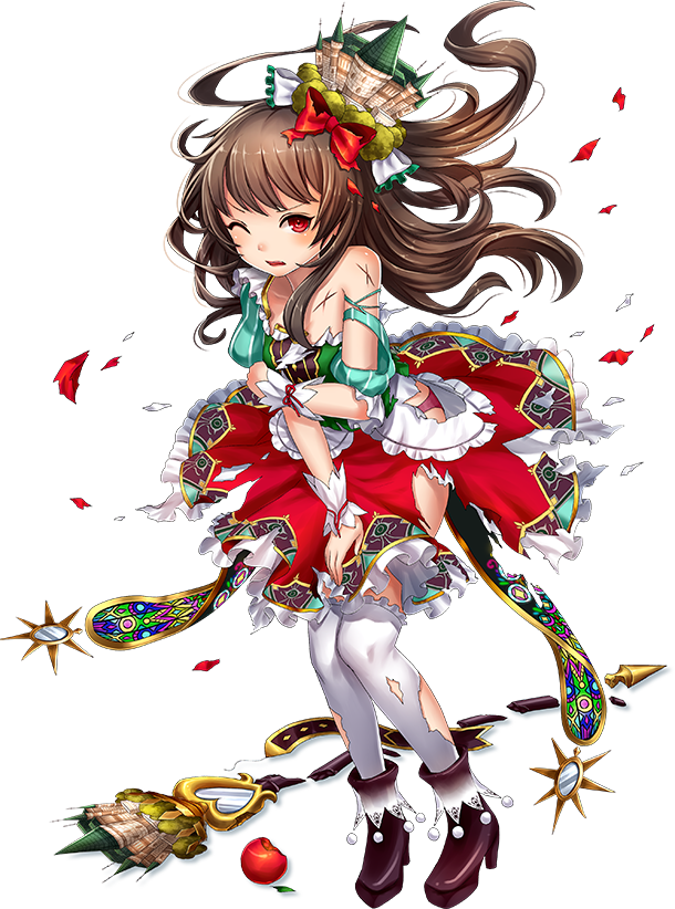 1girl, alcazar_of_segovia_(oshiro_project), apple, artist_request, bare_shoulders, black_footwear, broken_staff, brown_hair