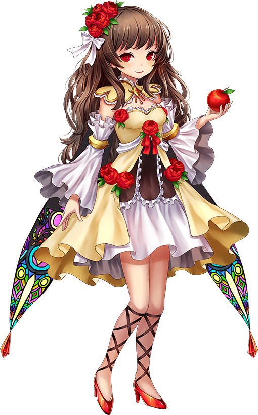 1girl, alcazar_of_segovia_(oshiro_project), apple, artist_request, brown_hair, detached_sleeves, dress, female_focus, flower, food, fruit, full_body, hair_flower, hair_ornament, hair_ribbon, high_heels, holding, holding_food, holding_fruit, holding_staff, long_hair, looking_at_viewer, official_art, oshiro_project:re, red_eyes, red_footwear, ribbon, rose, sleeveless, sleeveless_dress, solo, staff, transparent_background, white_ribbon, yellow_dress