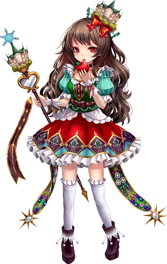 1girl, alcazar_of_segovia_(oshiro_project), apple, artist_request, black_footwear, brown_hair, dress, female_focus, food, frilled_dress, frilled_skirt, frills, fruit, full_body, hair_ornament, hair_ribbon, holding, holding_food, holding_fruit, holding_staff, long_hair, looking_at_viewer, official_art, oshiro_project:re, red_eyes, ribbon, skirt, solo, staff, transparent_background, white_legwear