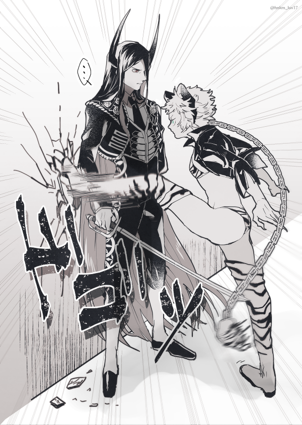 ..., 1boy, 1girl, aira_kanae, animal_costume, animal_ears, animal_print, artist_name, ass, boots, bra, breasts, chain, full_body, hinoe_(right-hnxx03), holding, holding_weapon, horns, jacket, juuni_taisen, kashii_eiji, kicking, long_hair, matador, monochrome, necktie, panties, short_hair, small_breasts, standing, sword, thigh_boots, tiger_costume, tiger_print, underwear, very_long_hair, weapon