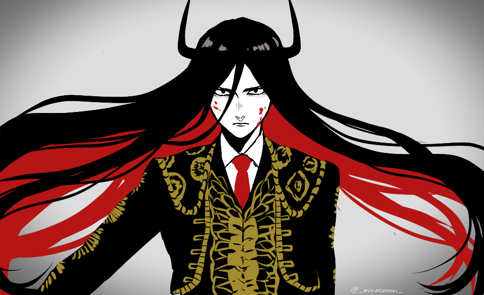 1boy, artist_name, black_eyes, black_hair, blood, blood_on_face, collared_shirt, horns